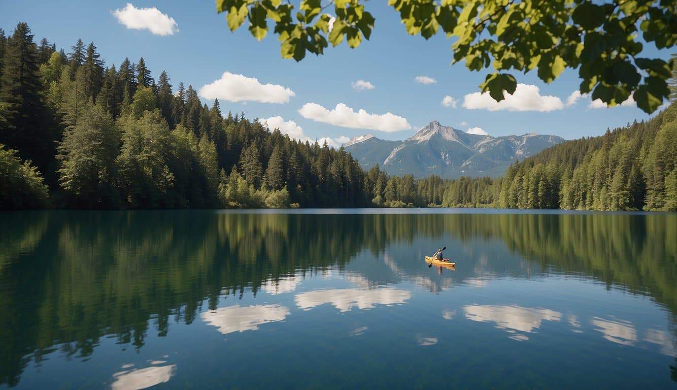 A calm lake reflects a bright blue sky. A single kayak glides across the water, surrounded by lush green trees and distant mountains