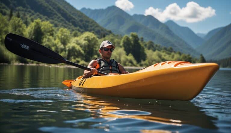 A kayak glides through a serene river, surrounded by lush greenery and towering mountains in the background. The water is calm, reflecting the clear blue sky above