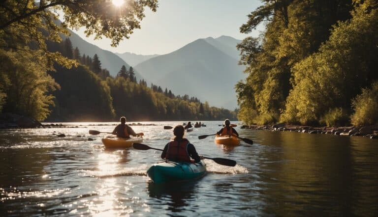 Kayakers practicing in calm river, maneuvering around buoys and navigating through gates. Sun shining, trees lining the riverbank, and distant mountains in the background