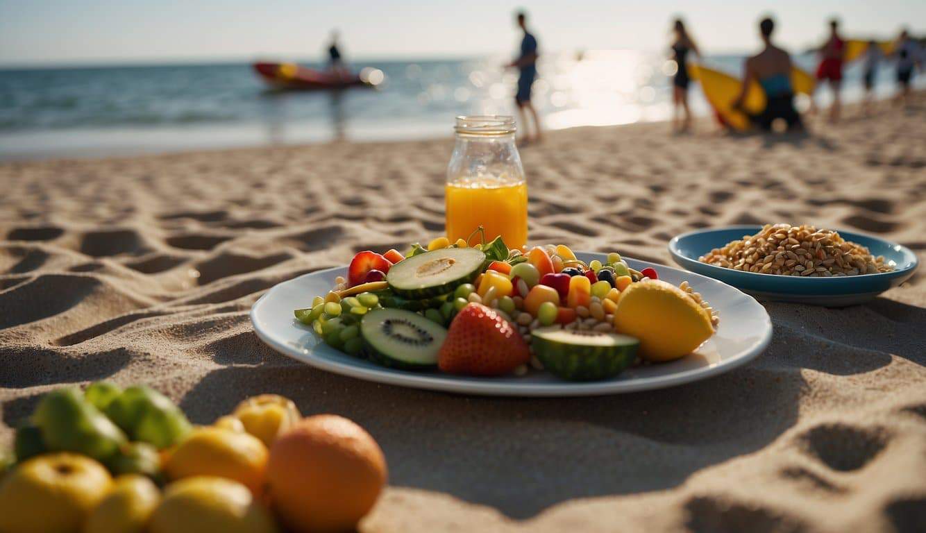 A sunny beach with a windsurfer enjoying a healthy meal of fruits, vegetables, and whole grains. A water bottle and sports drink sit nearby