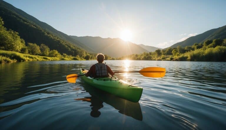 A tranquil river winds through lush green mountains, with a colorful kayak gliding through the calm water. The sun shines overhead, casting a warm glow on the serene scene