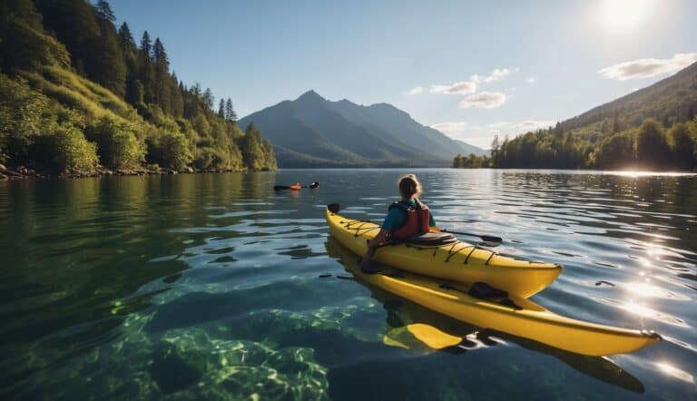 Kayaks gliding on calm water, surrounded by lush greenery and distant mountains. Sunshine glistens on the surface, creating a serene and peaceful scene