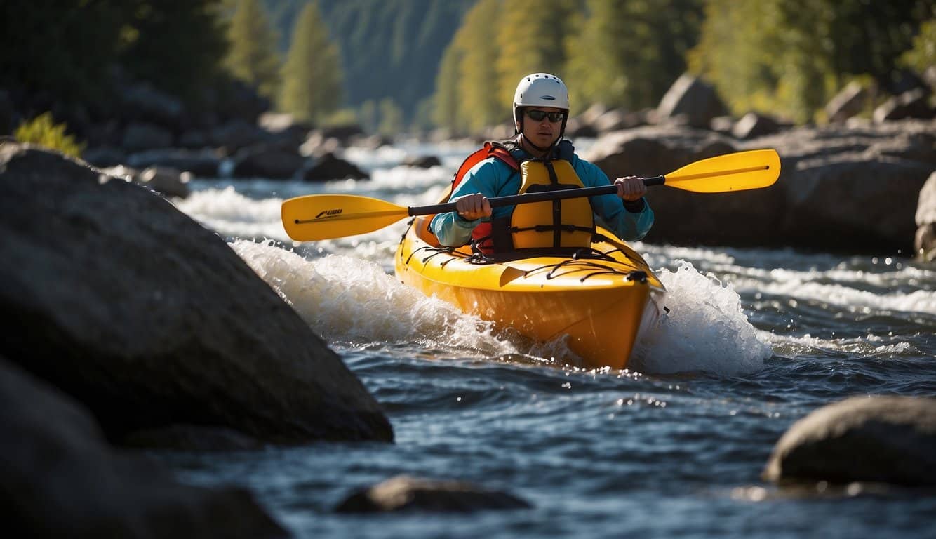 A kayak navigating through rocky rapids, avoiding collisions and potential injuries