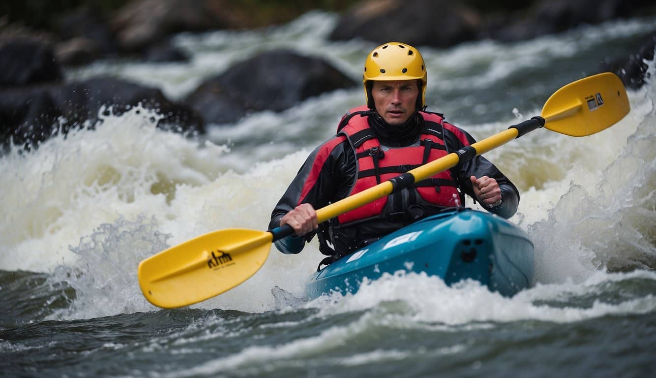 A whitewater kayak navigating through rough rapids, with safety equipment visible