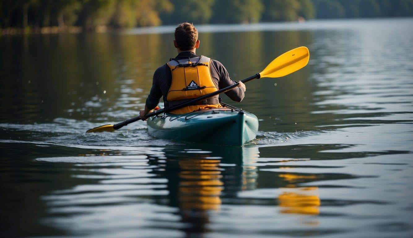 A person paddling a kayak through calm waters, using proper technique with a focus on body rotation and smooth, efficient strokes