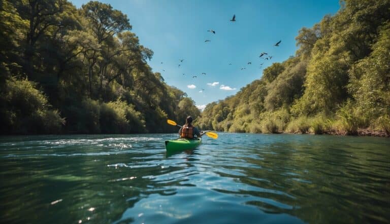 A kayak glides through a pristine river, surrounded by lush greenery and clear blue skies, with birds flying overhead and fish swimming beneath the surface