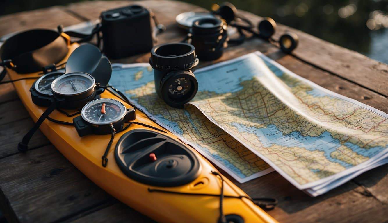 A kayak tour being planned with maps, compass, and gear spread out on a table