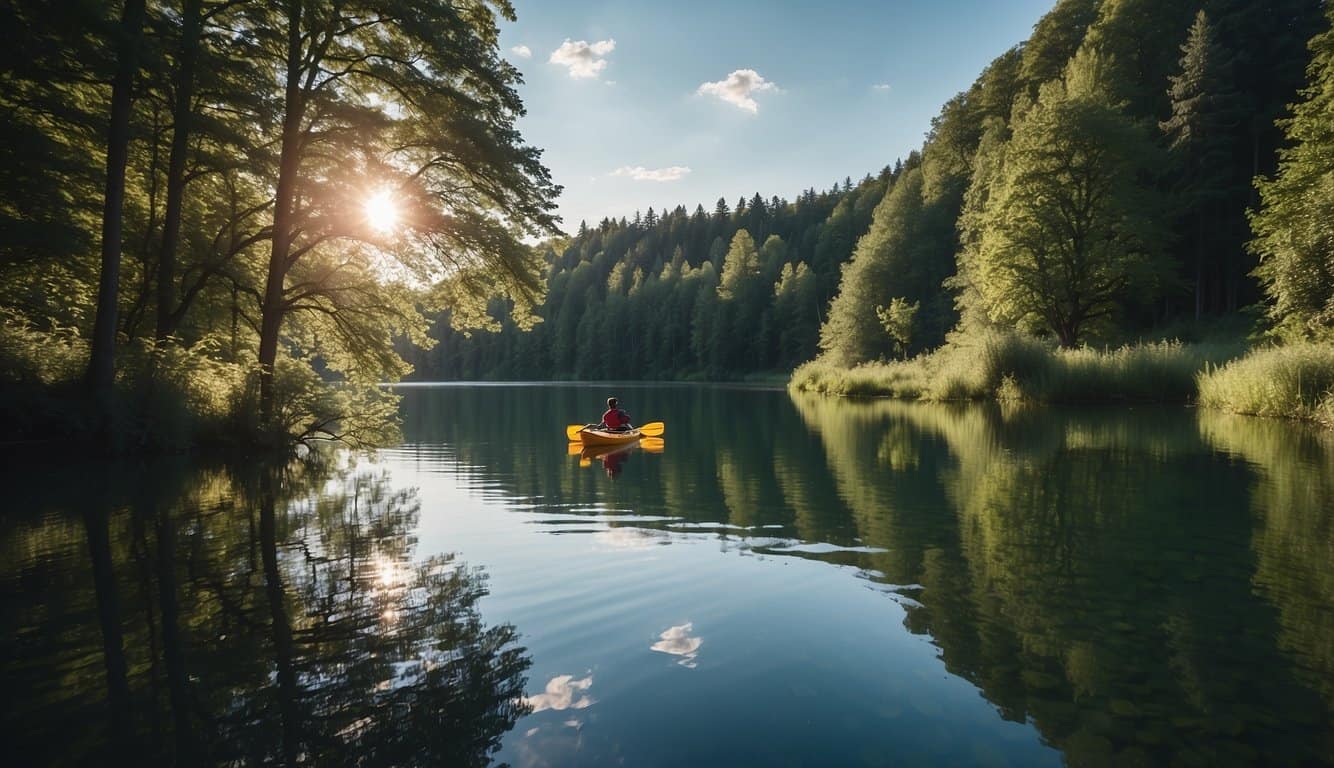 A serene lake in Germany, with a colorful kayak gliding through the calm water, surrounded by lush green trees and a clear blue sky above