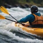 A kayak glides through rushing water, its sleek form cutting through the waves. The paddles slice through the water with precision, creating a sense of speed and agility