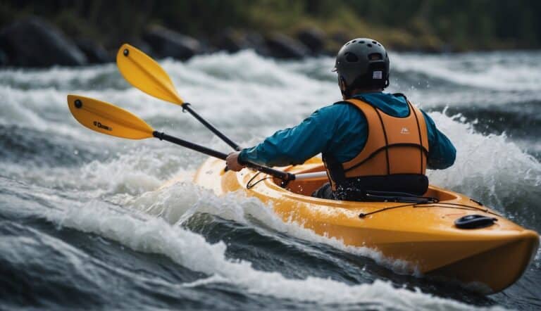 A kayak glides through rushing water, its sleek form cutting through the waves. The paddles slice through the water with precision, creating a sense of speed and agility