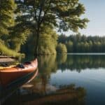 A serene lake surrounded by lush green trees, with a kayak resting on the shore, symbolizing a deep connection to nature