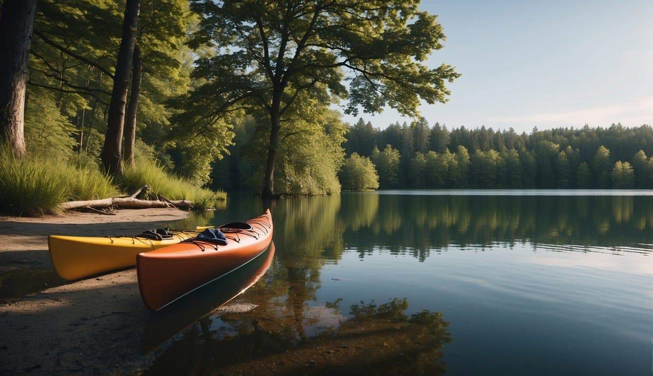 A serene lake surrounded by lush green trees, with a kayak resting on the shore, symbolizing a deep connection to nature