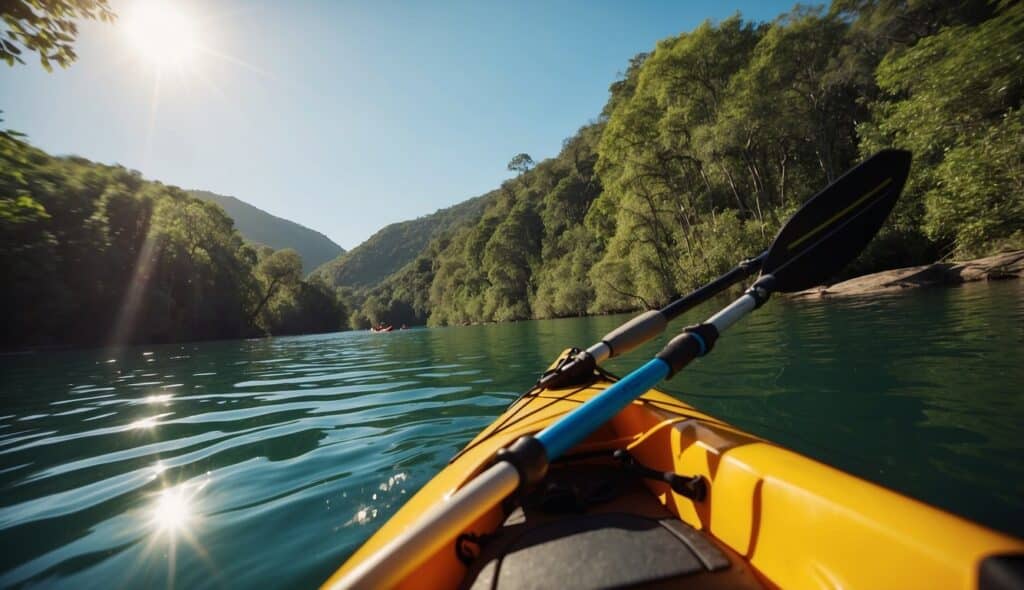 A kayaker paddles through calm waters, surrounded by lush greenery and a clear blue sky. The kayak glides smoothly, leaving a gentle wake behind