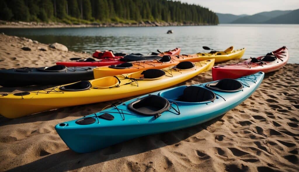 A group of kayaks are being prepared on the shore for a beginner kayaking tour. Paddles, life jackets, and other equipment are laid out in the foreground