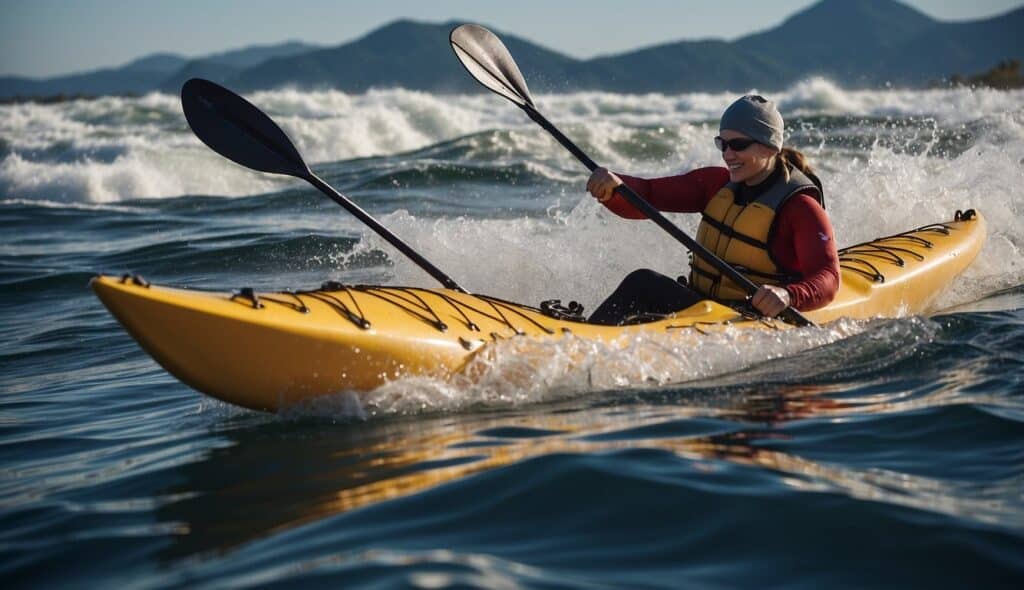 A kayak glides through choppy waters, expertly maneuvering around obstacles and performing advanced techniques with precision