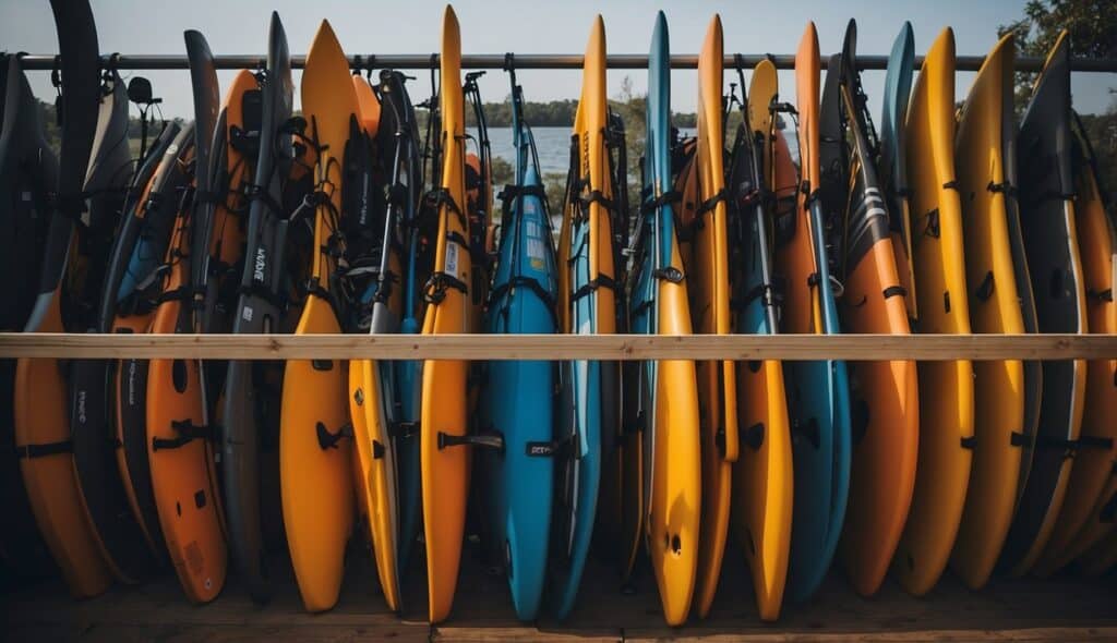 A kayak and paddles are neatly stored on a rack. Life jackets and helmets are organized nearby. The scene is calm and organized, with a sense of readiness for beginners to embark on their kayaking adventure