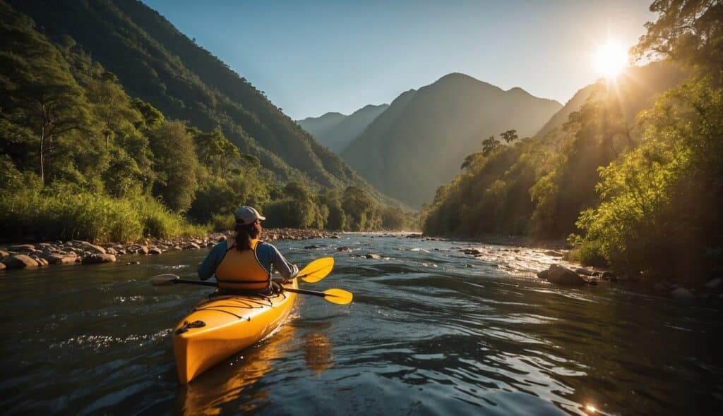 A kayak glides through a winding river, surrounded by lush greenery and towering mountains, as the sun sets in the distance