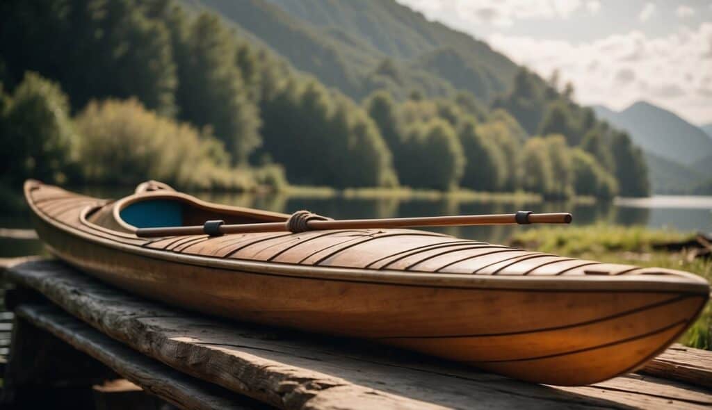 An ancient kayak being crafted using traditional materials and techniques, showcasing the history and technical evolution of the sport