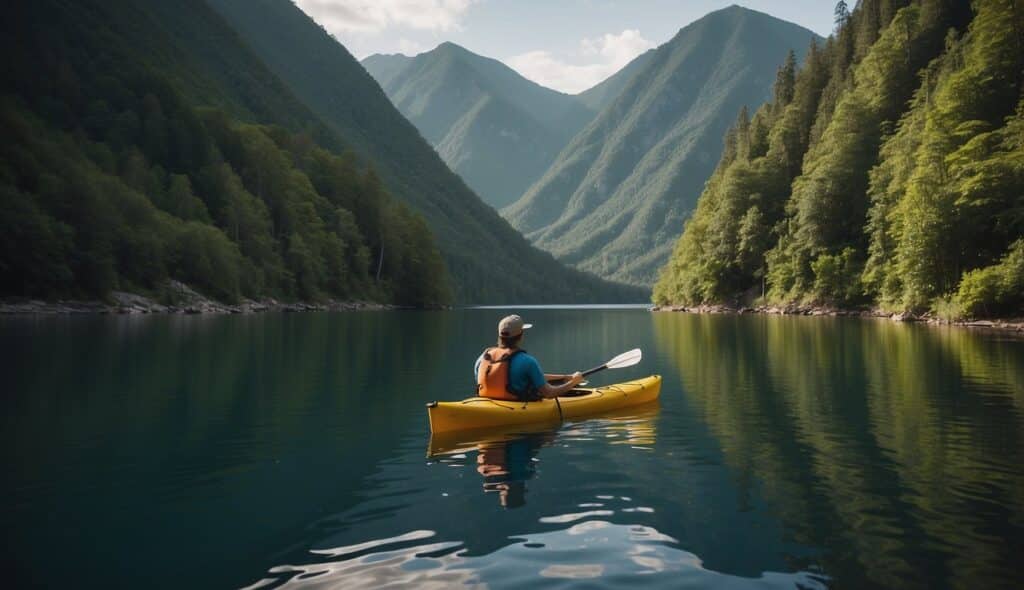 A kayak glides through calm waters, surrounded by lush greenery and towering mountains, capturing the essence of the history and practice of kayaking