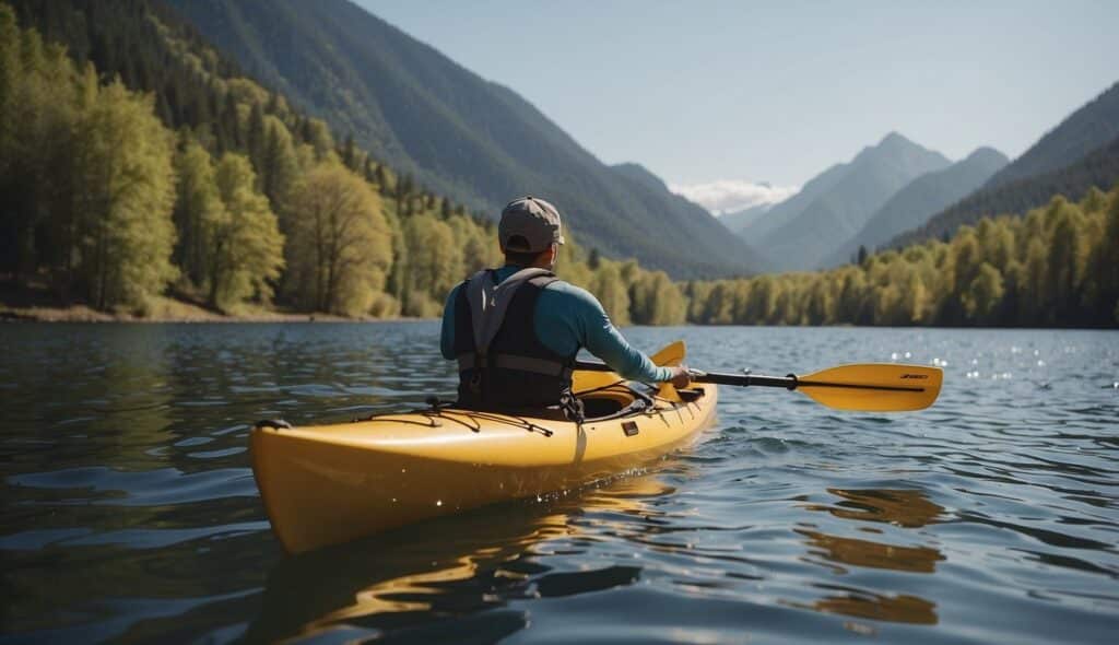 A kayaker paddling through calm waters, practicing strokes and maneuvers. A serene lake or river setting with trees and mountains in the background