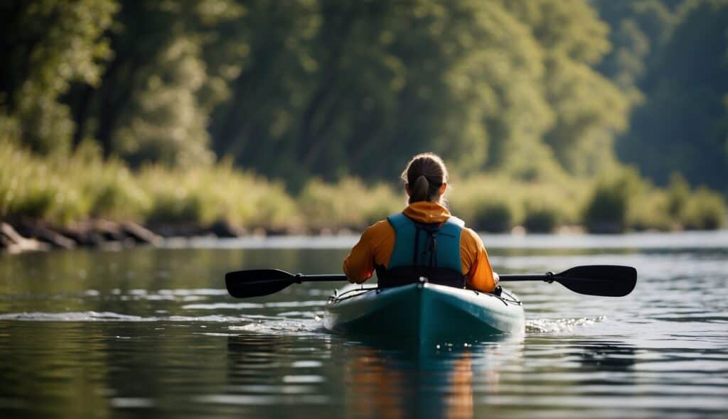 A kayaker practices paddle techniques and body positioning in a calm river, with focus on form and precision