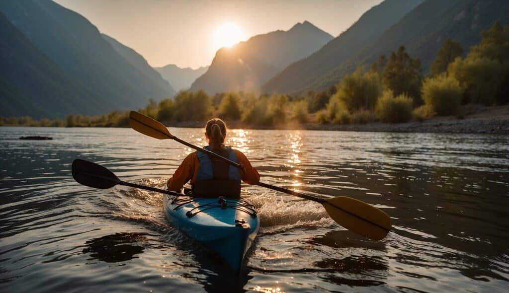 A kayaker performs conditioning exercises on a riverbank, surrounded by paddles and equipment. The sun sets behind the mountains, casting a warm glow on the scene