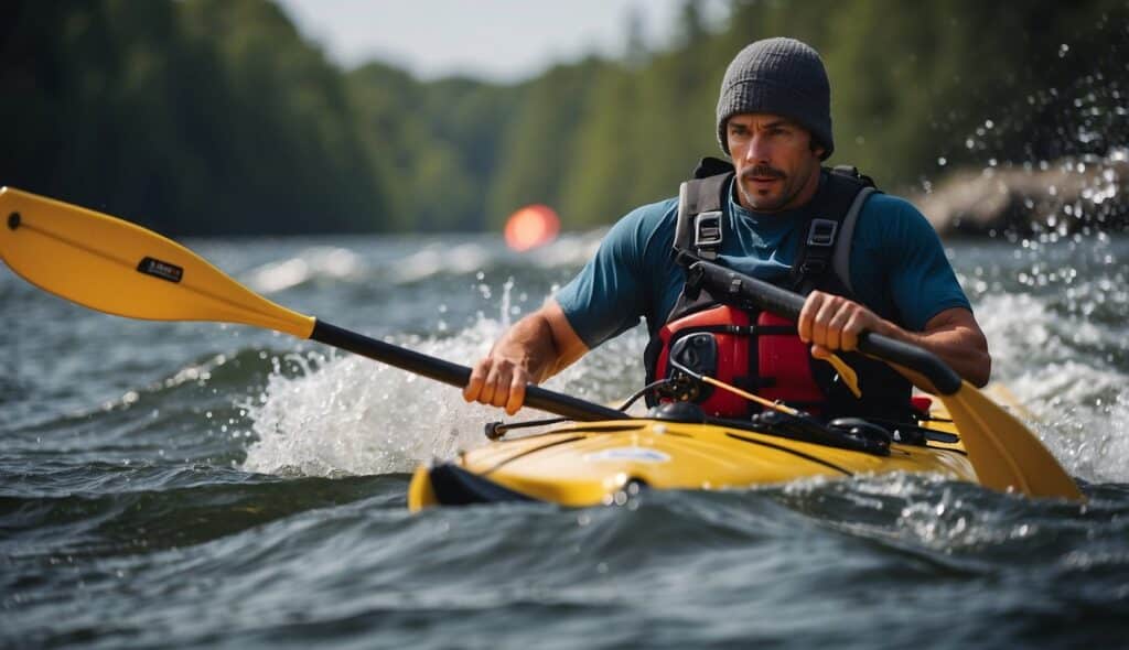 A kayaker navigating through rough waters, practicing safety and technique exercises