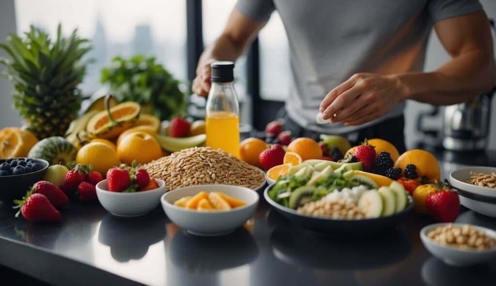 A water sport athlete preparing a balanced meal with a variety of fruits, vegetables, lean proteins, and whole grains. A water bottle and sports supplements are also present