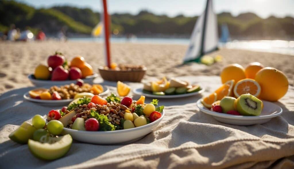 A windsurfer enjoying a healthy meal on a sandy beach with fruits, vegetables, and water bottles nearby. The sun is shining, and the ocean is calm