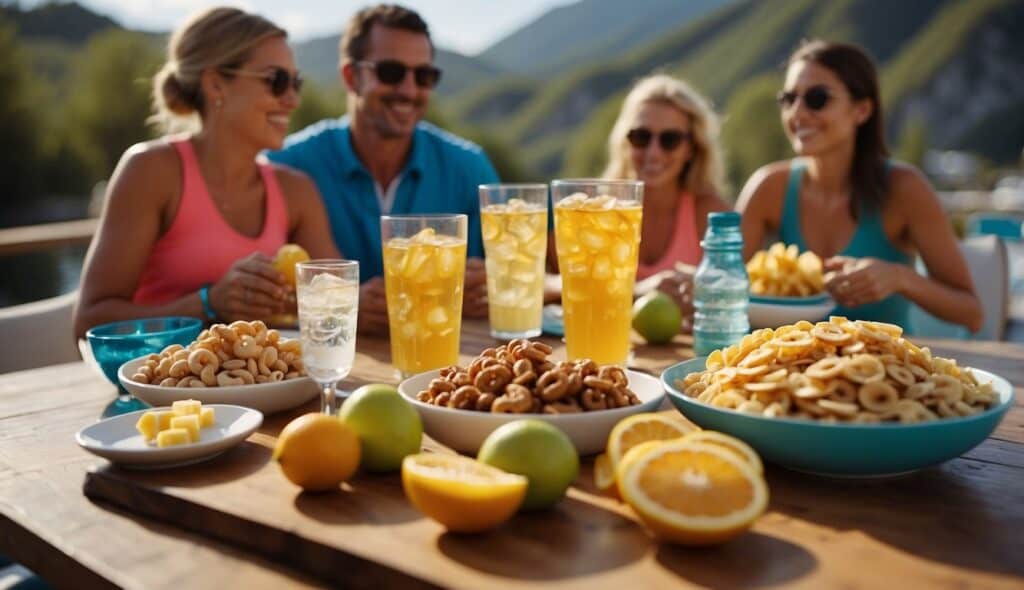 A group of water sports enthusiasts gather around a table, discussing and sharing nutrition tips. A variety of healthy snacks and drinks are laid out for them to enjoy