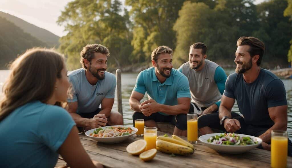 A group of water sports enthusiasts gather around a nutritionist, eager to learn about FAQs and myths surrounding their diet. The nutritionist shares tips and advice, while the athletes listen intently