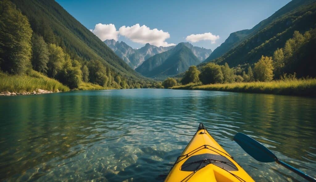 A serene river winds through lush European landscapes, with towering mountains and charming villages in the distance. The clear blue water reflects the vibrant greenery, creating a picturesque scene for kayaking