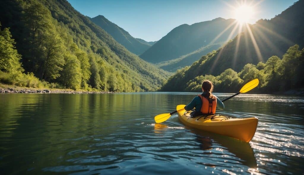 A serene river winds through lush green mountains, with a colorful kayak gliding peacefully on the water. The sun shines brightly in the clear blue sky, creating a picturesque scene for a kayaking adventure