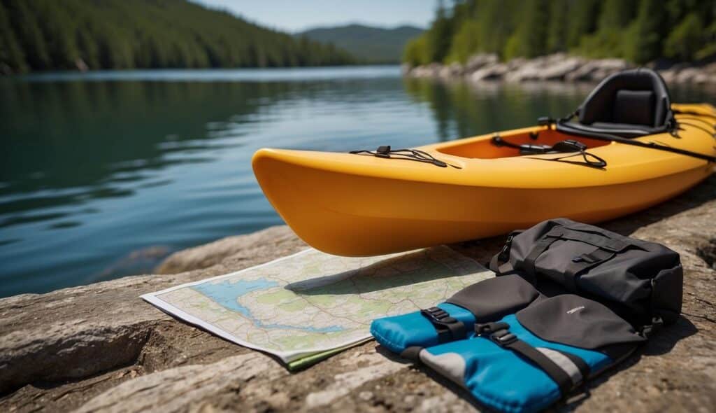 A kayak and safety gear are laid out by the water's edge, with a scenic route map in the background