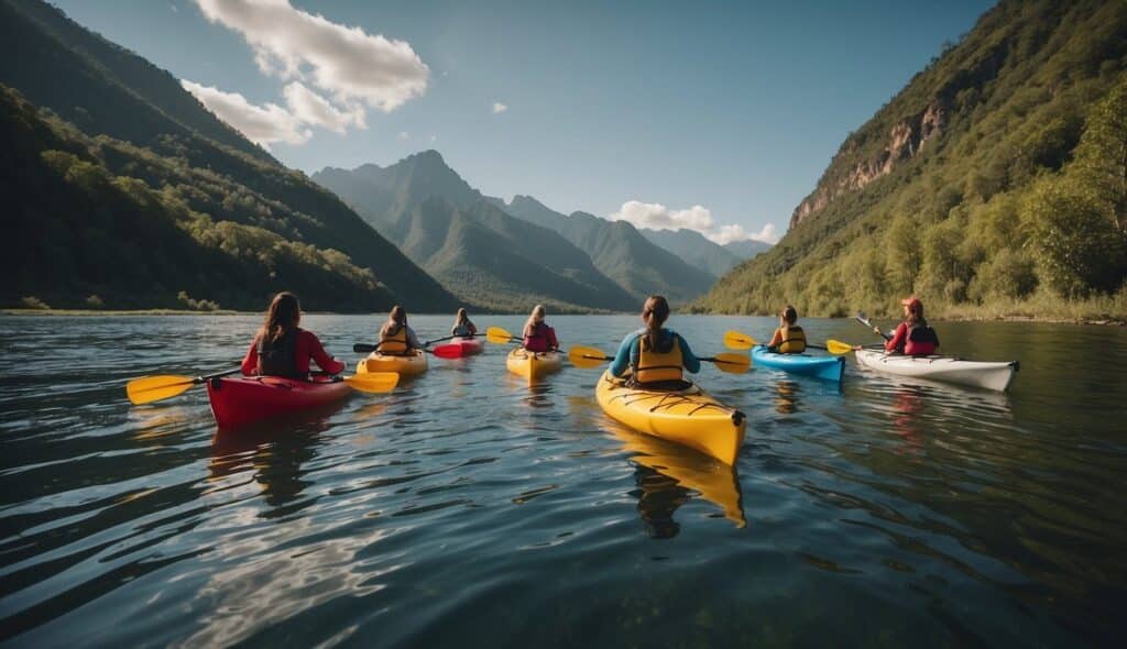 A group of women paddle kayaks on a serene river, surrounded by lush greenery and towering mountains in the distance