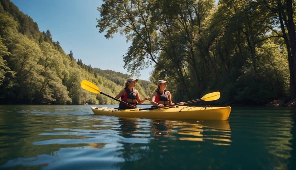 Women in kayaks training on a calm river, surrounded by lush green trees and a clear blue sky. The women are paddling with determination and focus, their kayaks gliding smoothly through the water