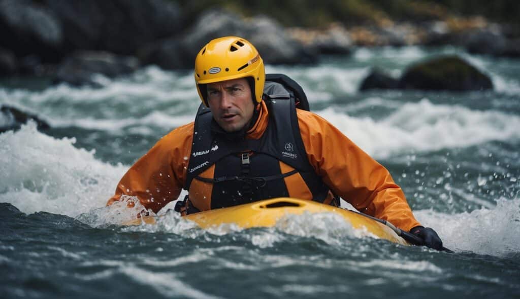 A kayaker navigating through rough waters, avoiding rocks and rapids, while wearing a helmet and life jacket for safety