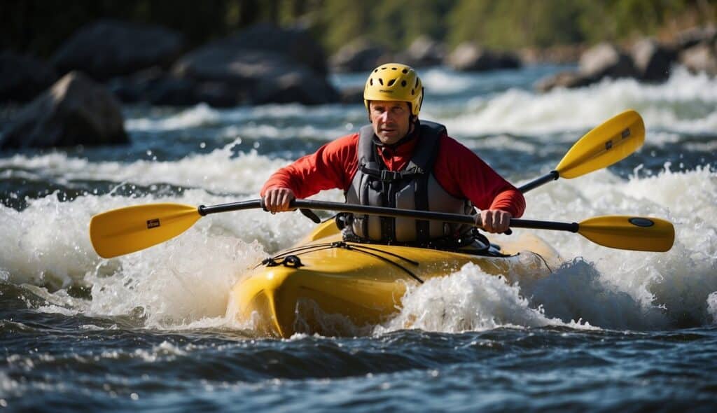 A kayaker navigates through rough whitewater, using proper safety techniques and equipment. The kayak is surrounded by churning water and rocky obstacles