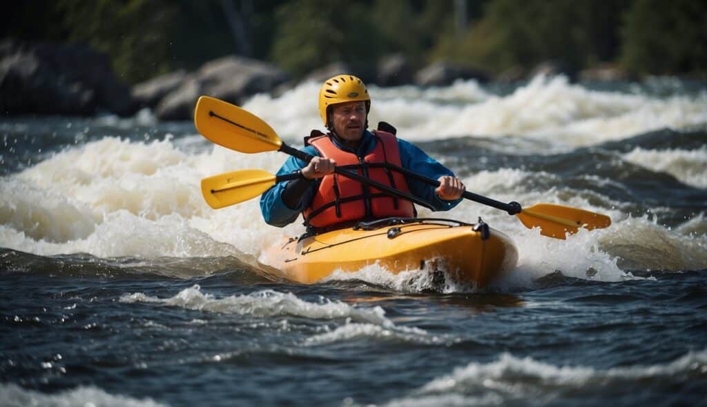 A wildwater kayak navigating through rough rapids, demonstrating its safety features and stability