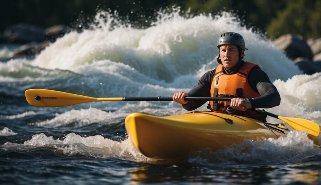 A kayaker expertly navigates through rough waters using advanced paddle techniques for whitewater safety