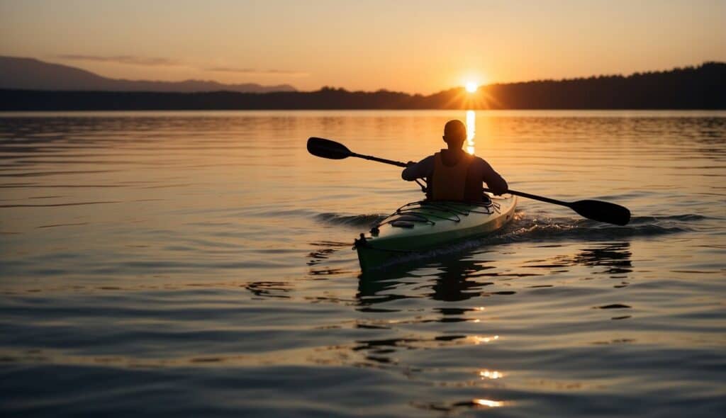 A sea kayak glides through calm waters, with a paddle slicing through the surface. The sun sets on the horizon, casting a warm glow over the scene