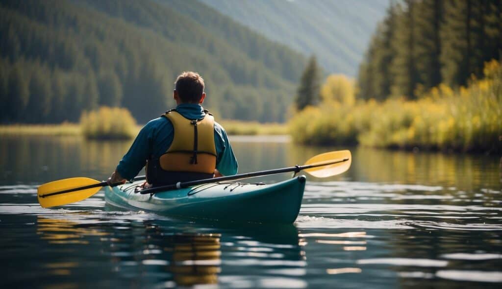 A kayaker carefully plans their route while considering environmental impact. They use proper paddle techniques to navigate the serene waters