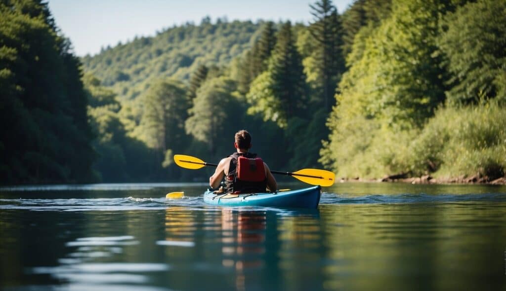 A kayaker paddling through a serene river with lush greenery and wildlife, surrounded by clear blue skies and calm waters