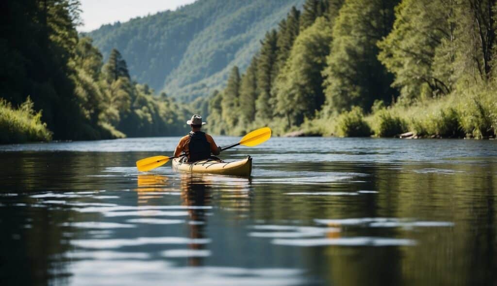 A peaceful river with diverse wildlife, clear blue skies, and lush greenery. A kayaker paddles gently, surrounded by unspoiled nature, promoting environmental conservation