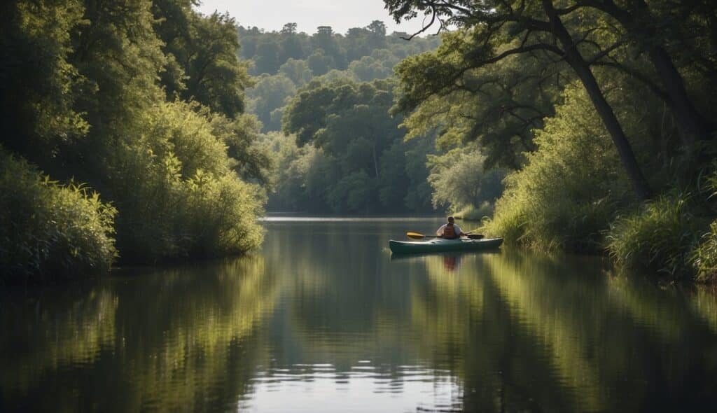 A serene river with lush greenery on either side, a kayak gliding through the calm waters, surrounded by birds and wildlife