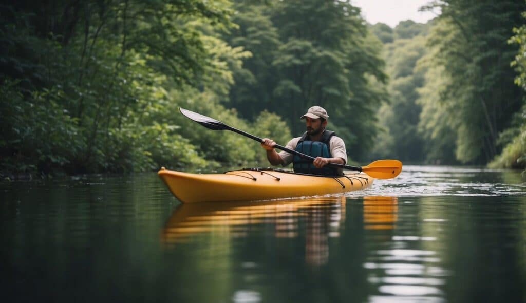 A kayak glides through a serene river, surrounded by lush greenery and wildlife. The paddler is mindful of the environment, picking up trash along the way