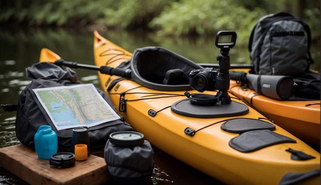 A kayak and gear laid out for a tour, with maps and equipment being prepared for a journey