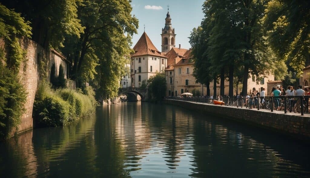 A kayak glides through scenic European waterways, with lush greenery and historic architecture lining the banks