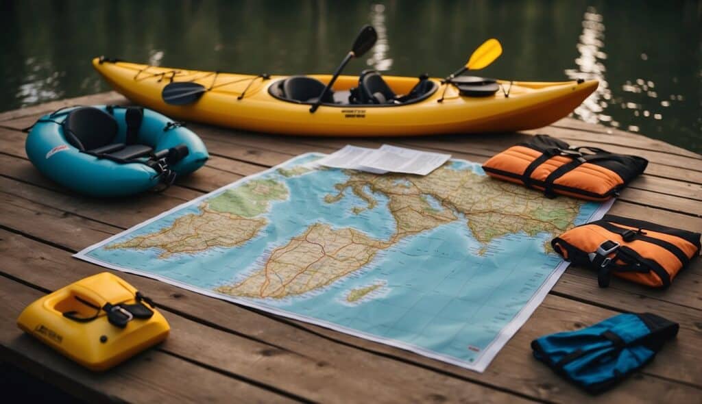 A family gathers around to plan their beginner kayaking trip, looking at a map and discussing route options. Paddles and life jackets are laid out on the table