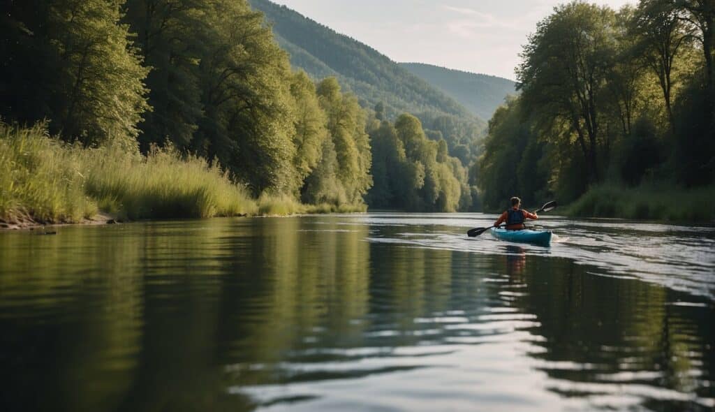 A kayaker navigates through the calm waters of a German river, surrounded by lush greenery and picturesque landscapes